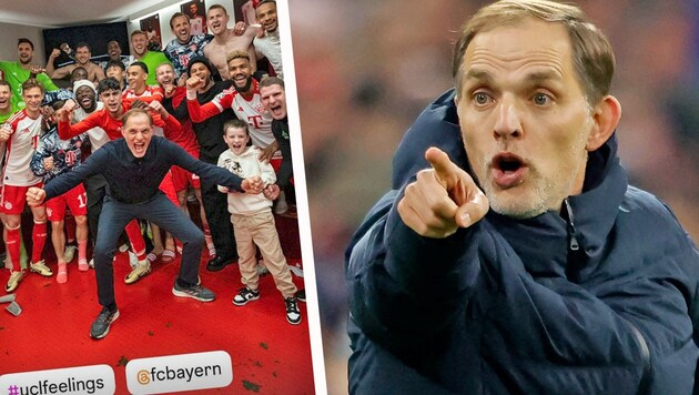 Pure jubilation! Thomas Tuchel was downright exuberant in the team's group. (Bild: APA/AFP/Michaela STACHE, Instagram.com/esmuellert)