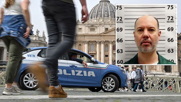 Moises Tejada (small picture) was unable to disappear in the crowd of St. Peter's Square visitors. (Bild: APA/AFP/Tiziana FABI, doccs.ny.gov/osi-most-wanted, Krone KREATIV)