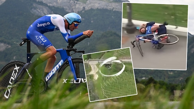 Australian Chris Harper (left) crashed heavily. Britain's Finlay Pickering was also hit - he rolled over in the vineyards. (Bild: APA/AFP/Marco BERTORELLO, youtube.com/FloBikes, twitter.com)