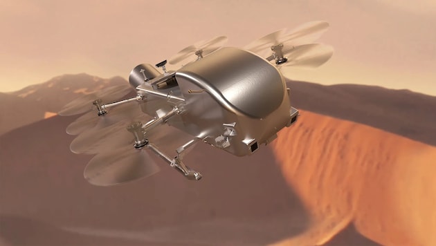 The nuclear-powered aircraft (the picture shows an artistic illustration) has eight rotors and is scheduled to take off on an exploratory flight every Titan day. (Bild: NASA)