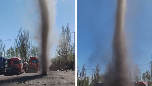 Toz şeytanı gökyüzünde yaklaşık 30 metre spiral çizdi. (Bild: kameraOne (Screenshot))