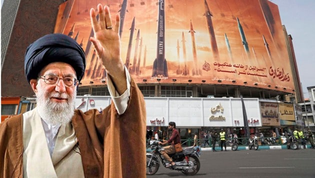 Irans geistliches Oberhaupt Ayatollah Ali Khamenei ist seit 35 Jahren an der Macht und seit Freitag 85 Jahre alt. Er lässt den Raketen- und Drohnenüberfall auf Israel, bei dem keines der todbringenden Geschoße das Ziel erreicht hat, als seinen großen Sieg feiern. (Bild: Krone KREATIV, EPA, Viennareport)