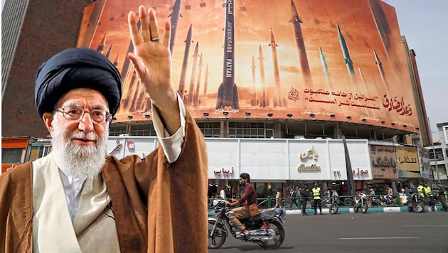 Iran's spiritual leader Ayatollah Ali Khamenei has been in power for 35 years and turned 85 on Friday. He is celebrating the missile and drone attack on Israel, in which none of the deadly projectiles reached their target, as his great victory. (Bild: Krone KREATIV, EPA, Viennareport)