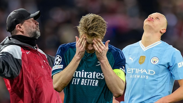 A week to forget for Jürgen Klopp, Martin Odegaard and Erling Haaland (from left to right) (Bild: APA/AFP/Odd ANDERSEN/ASSOCIATED PRESS)
