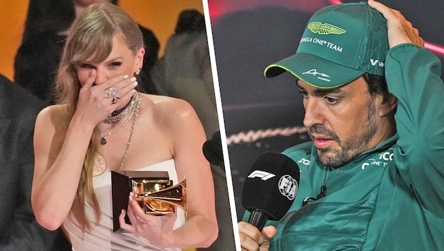 Taylor Swift singt offenbar über ihr Techtelmechtel mit Fernando Alonso. (Bild: HECTOR RETAMAL / AFP / picturedesk.com Chris Pizzello / AP / picturedesk.com Krone KREATIV,)