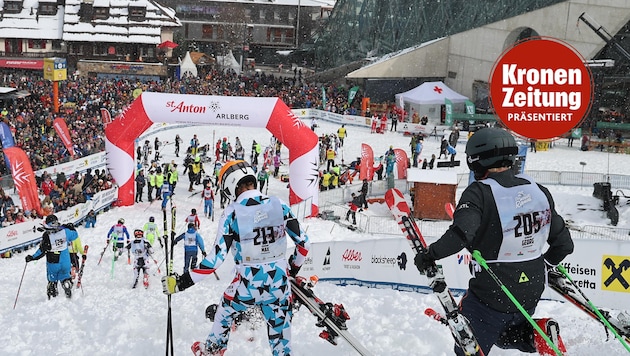 Das Ziel zum Greifen nahe liefen die Teilnehmer auf den Zielbogen in St. Anton zu. Aus Gründen der Witterung wurde die Strecke verkürzt, man startete am Galzig. (Bild: Christof Birbaumer)
