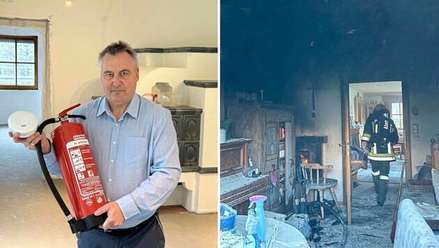 Martin Reiter mit Feuerlöscher und Warnmelder in seinem „Rohbau“. Anfang März hatte es in seinem Haus gebrannt.