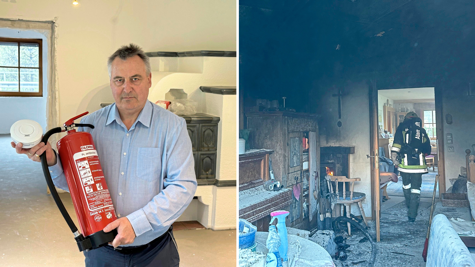 Martin Reiter mit Feuerlöscher und Warnmelder in seinem „Rohbau“. Anfang März hatte es in seinem Haus gebrannt. (Bild: zoom.tirol)