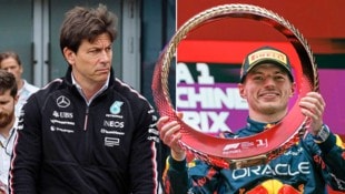 Mercedes-Teamchef Toto Wolff: „Die Physik stimmt nicht“; Max Verstappen mit seinem 58. Siegerpokal (r.) (Bild: ASSOCIATED PRESS)