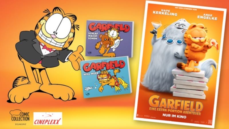 Unter den Premierengästen in Wien verlosen wir tolle Garfield-Lektüre der Egmont Comic Collection. (Bild: © 2023 Project G Productions LLC, Egmonht Comic Collection, Krone KREATIV)