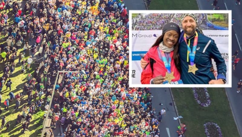 They were the last to cross the finish line in the marathon: Bobby and Abena, married for 18 years, two children. (Bild: APA/MAX SLOVENCIK, zVg, Krone KREATIV)