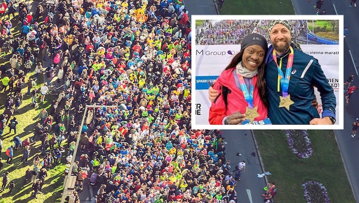 Sie waren die Letzten, die beim Marathon durchs Ziel kamen: Bobby und Abena, verheiratet seit 18 ...