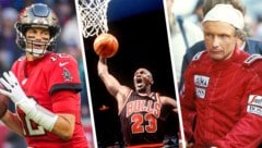 Legendäre Comebacks: Tom Brady, Michael Jordan, Niki Lauda (v.l.) (Bild: GEPA, Krone KREATIV)