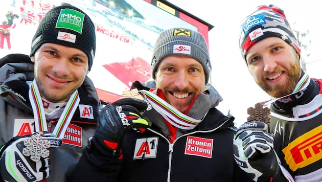 Austrian triple victory at the 2019 World Championships in Are: Schwarz (right) took bronze, Hirscher gold ahead of Michael Matt. (Bild: Christof Birbaumer / Kronenzeitung)