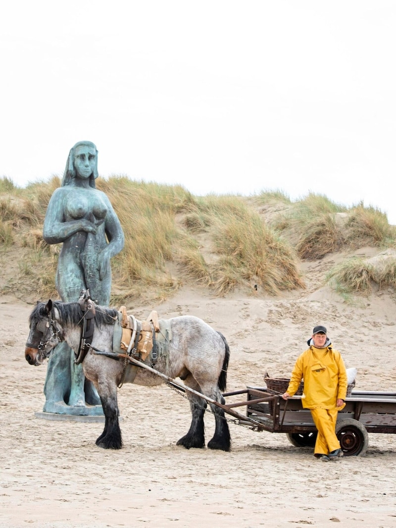 Strandidyll: ein Krabbenfischer vor Johann Cretes „The Herring“ in Koksijde. (Bild: Annsophie Deldycke)