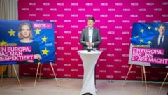 Parteichefin Beate Meinl-Reisinger und Spitzenkandidat Helmut Brandstätter auf den NEOS-Plakaten für die EU-Wahl  (Bild: APA/EVA MANHART)