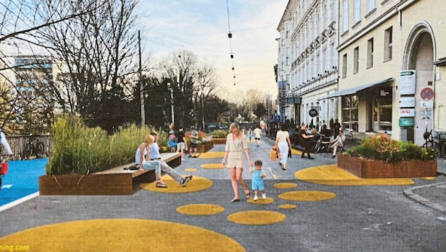 This is what the promenade could look like: View from the main bridge along the quay towards the south (rendering) (Bild: Christian Jauschowetz)