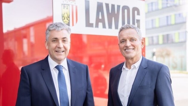 Die Lawog-Vorstandsdirektoren Christoph Khinast (l.) und Frank Schneider bilanzieren zufrieden, sehen aber etwa den Markt für Eigentumswohnungen aktuell als sehr schwierig an. (Bild: Lawog)