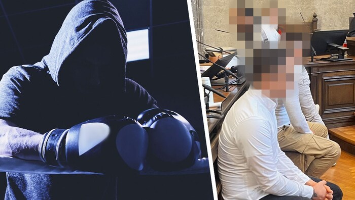 Die drei Angeklagten im Wiener Landl. Der Erstangeklagte (hinten) ist Kampfsportler.