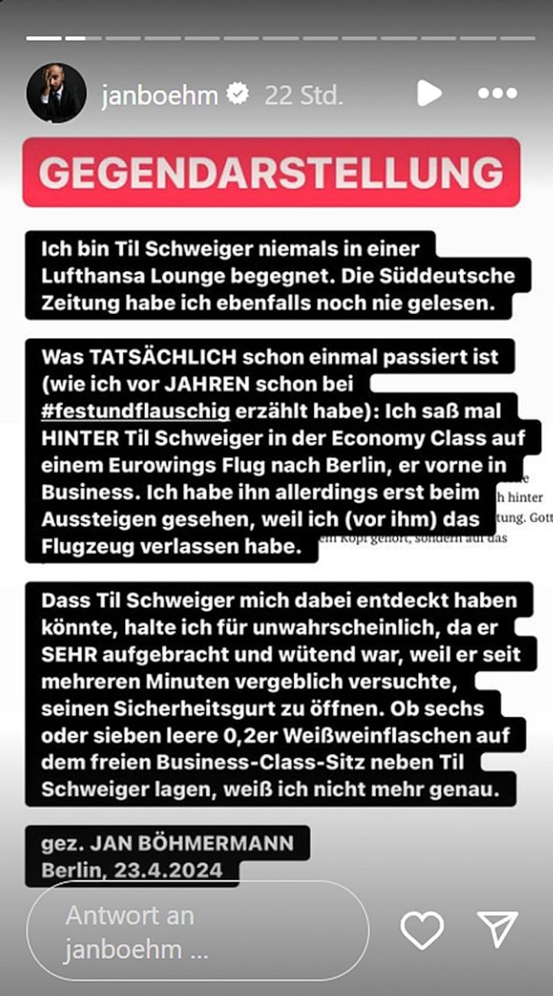 Jan Böhmermann veröffentlichte in seiner Instagram-Story eine „Gegendarstellung“ zum Interview von Til Schweiger mit der „Zeit“. (Bild: instagram.com/janboehm)