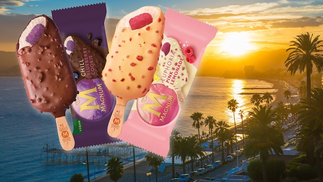 This year, Magnum is sending ice cream lovers to heaven with Euphoria Pink Lemonade and Chill Blueberry Cookie (vegan) - and together with the "Krone", you and your companion to the exclusive Magnum party in Cannes! (Bild: Krone KREATIV/Magnum, stock.adobe.com)