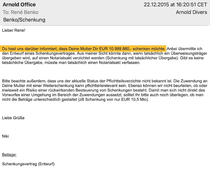 Email from Benko's trusted lawyer: "You have informed us about this ..."