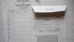 Im Bild: Muster eines amtlichen Stimmzettels und Muster einer Wahlkarte für die heurige EU-Wahl (Bild: APA/GEORG HOCHMUTH)