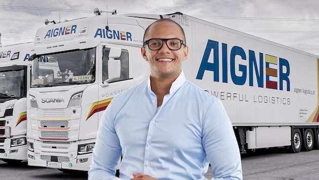 Marius Aigner (29) führt den gleichnamigen Logistiker, der in Haag seinen Firmensitz hat. (Bild: Krone KREATIV/Aigner Powerful Logistics (2))