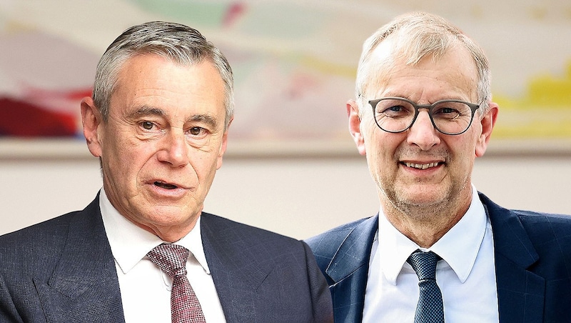 RLB-OÖ-Generaldirektor Heinrich Schaller, XXXLutz-Sprecher Thomas Saliger. (Bild: Krone KREATIV/RLB OÖ, Markus Wenzel)