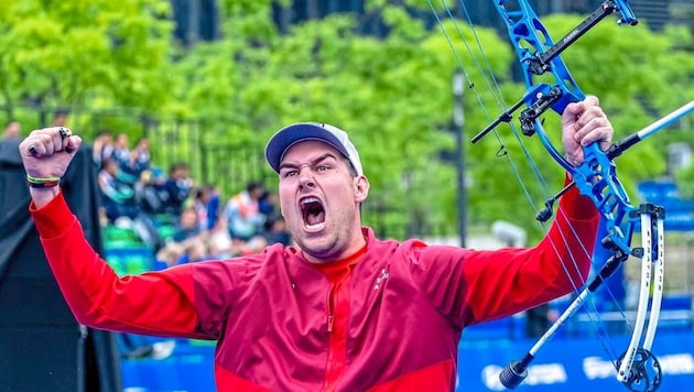 Nico Wiener schrie die Freude über den Sieg und Gold heraus. (Bild: World Archery/Wiener)