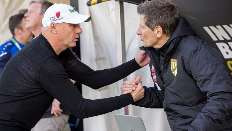 Thomas Silberberger (l.) ist bei der WSG Tirol Geschichte, bei Andreas Heraf ist die (Lustenauer) Zukunft noch offen. (Bild: APA/EXPA/JOHANN GRODER)