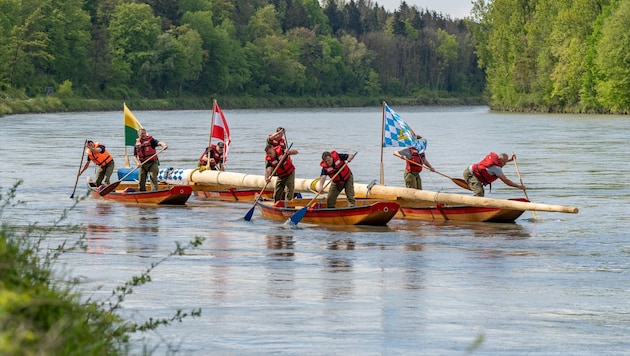 Am Sonntag brachte die Feuerwehr Überackern den gestohlenen Maibaum wieder retour nach Deutschland. Der Weg über die Salzach ist dabei der Kürzeste. (Bild: Daniel Scharinger)