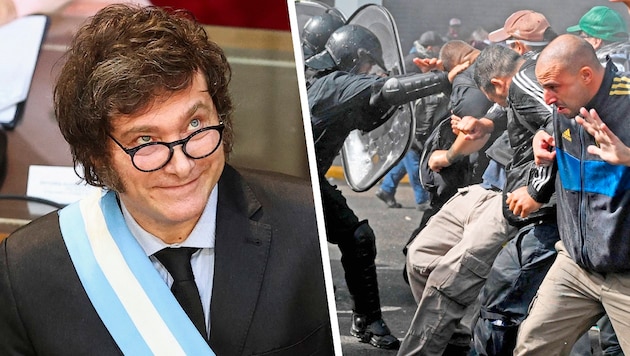 Argentiniens Präsident Javier Milei (53) spart mit eiserner Hand, die Menschen protestieren gegen seine drastischen Maßnahmen. (Bild: Krone KREATIV/picturedesk.com)