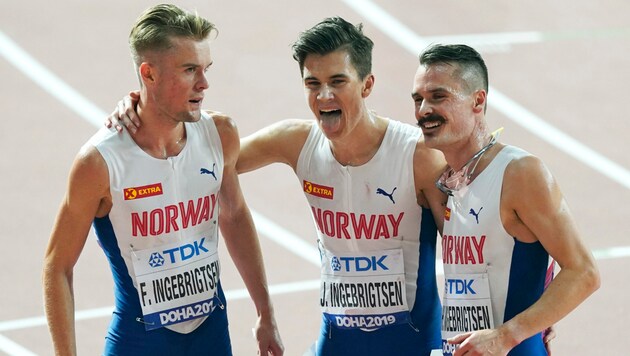 Filip Ingebrigtsen, Jakob Ingebrigtsen, und Henrik Ingebrigtsen (v.l.n.r.) (Bild: ASSOCIATED PRESS)