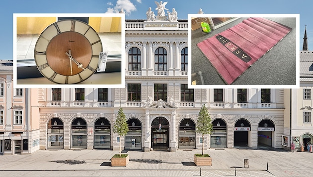 Bevor der Umbau der Sparkasse-OÖ-Zentrale startet werden nun auf aurena.at Teppiche, Uhren und Co. versteigert. (Bild: Krone KREATIV/Sparkasse OÖ, aurena.at (2))