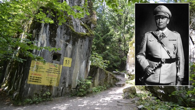Site of the Wolf's Lair, the Nazi headquarters. Small picture: the Nazi criminal, art "collector", former Reichsmarschall and Luftwaffe chief Hermann Göring, long addicted to morphine and accused in the Nuremberg trial. In 1946, he executed himself to escape death by hanging. (Bild: stock.adobe.com/Albin Marciniak – stock.adobe.com/AFP, ACME NEWSPICTURES, Krone KREATIV)