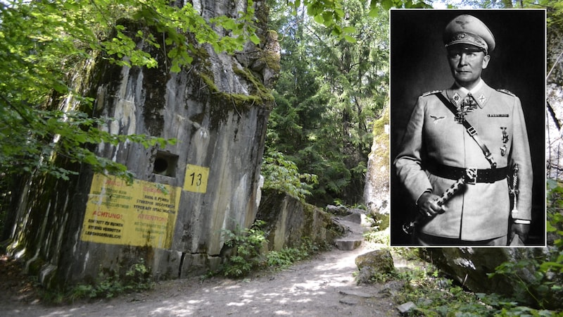 A Farkasverem, a náci főhadiszállás helyszíne. Kis kép: a náci bűnöző, művészeti "gyűjtő", az egykori Reichsmarschall és Luftwaffe-főnök Hermann Göring, aki hosszú ideig morfiumfüggő volt, és akit a nürnbergi perben megvádoltak. 1946-ban kivégezte magát, hogy megmeneküljön az akasztásos haláltól. (Bild: stock.adobe.com/Albin Marciniak – stock.adobe.com/AFP, ACME NEWSPICTURES, Krone KREATIV)