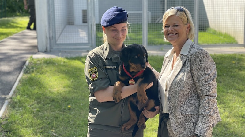 Verteidigungsministerin Klaudia Tanner mit Rottweilerwelpe „Einar“. (Bild: Bernadette Krassay)