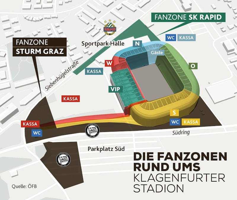 Die Sturm-Fans versammeln sich in Klagenfurt hinter der Südkurve, der Rapid-Anhang bei der Nordtribüne. (Bild: Krone KREATIV)