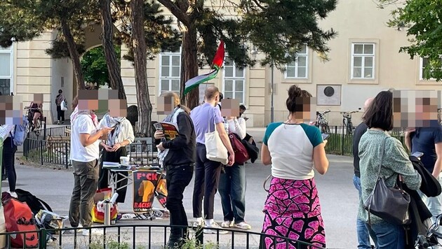 Vereinzelte Palästinenserfahne am Dienstagabend am Uni Campus im Alten AKH in Wien.  (Bild: zVg, Krone KREATIV)