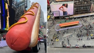 Der Riesen-Hotdog wurde umgehend zum Selfie-Magneten. (Bild: twitter.com/TimesSquareNYC)