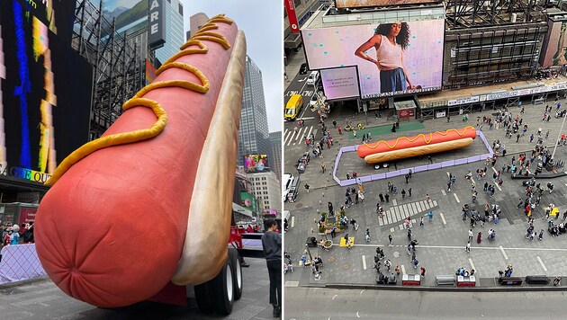 The giant hot dog immediately became a selfie magnet. (Bild: twitter.com/TimesSquareNYC)