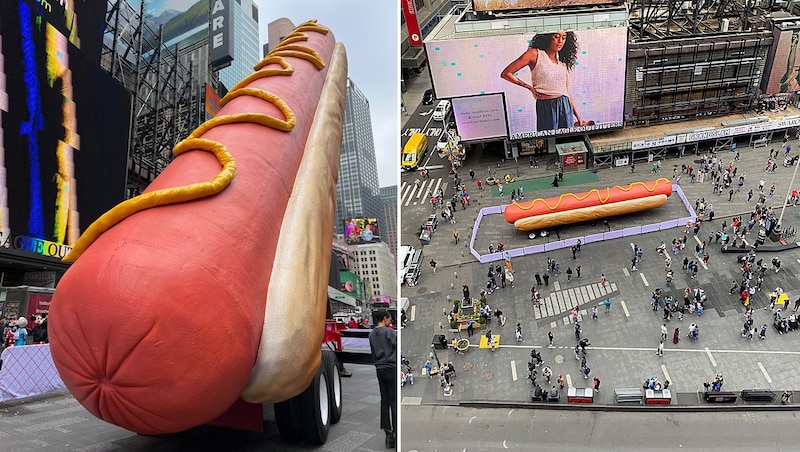 Der Riesen-Hotdog wurde umgehend zum Selfie-Magneten. (Bild: twitter.com/TimesSquareNYC)