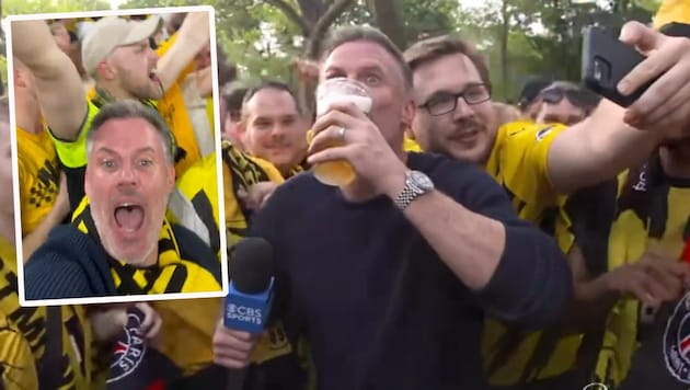 Jamie Carragher celebrates with the Dortmund fans (Bild: twitter, krone.at-grafik)