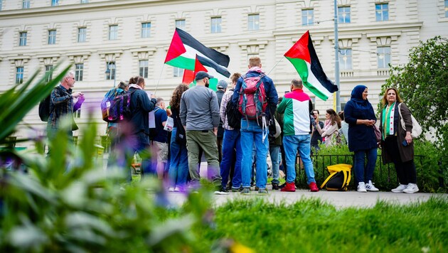Einige Demonstranten fanden sich anlässlich des Prozesses gegen den Pro-Palästina-Aktivisten vor dem Wiener Landesgericht ein.  (Bild: APA/EVA MANHART)