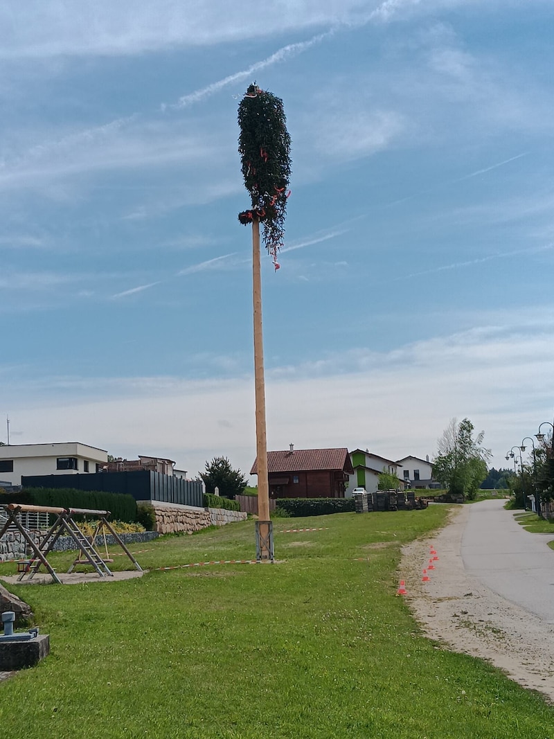 Auch der Maibaum in Kleinschönau fiel dem Sturm zum Opfer: Die Spitze brach ab. (Bild: Privat)