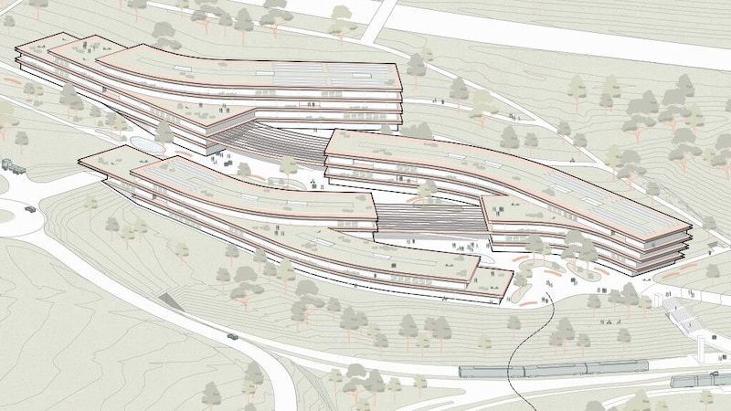 Die drei miteinander verbundenen Gebäude sollen sich in den Geländeverlauf einfügen.  (Bild: Krone KREATIV/BIG)