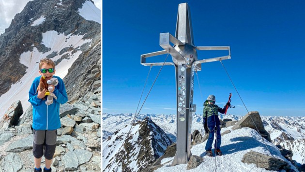 Adler und Paula mit Florian unter dem Großglockner (links) – an die Tour zum Zuckerhütl, dem höchsten Gipfel in den Stubaier Alpen, erinnert sich der Elfjährige ebenfalls gern.  (Bild: zVg)