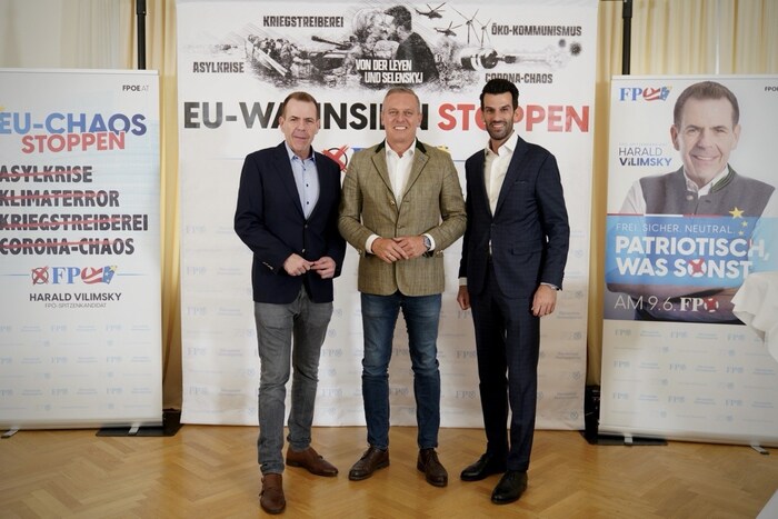 EU-Kandidat Vilimsky, der steirische Wahlkämpfer Mario Kunasek und Udo Landbauer, der bereits ...