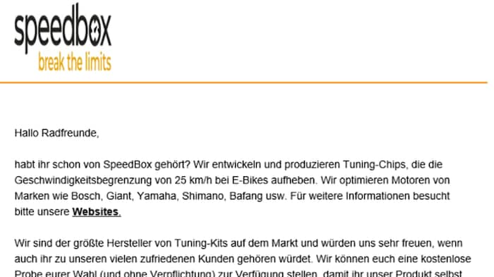 Der Anbieter wirbt bei Fahrradgeschäften ungeniert damit, die Geschwindigkeitsbegrenzung von 25 km/h aufzuheben. 